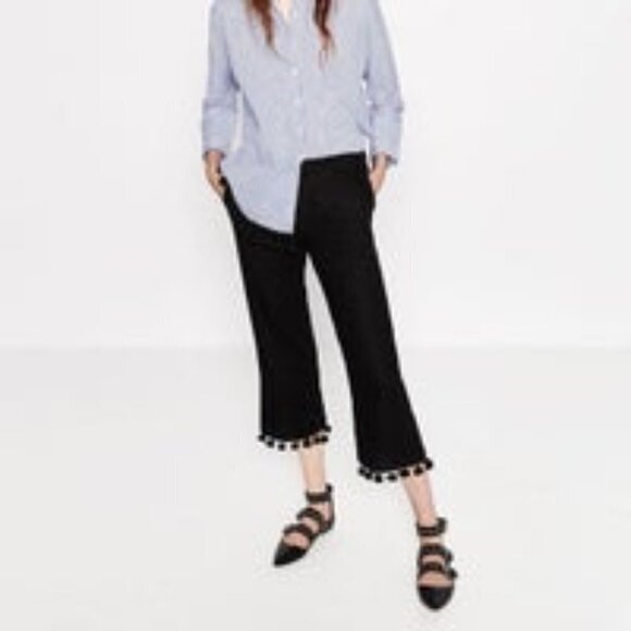 NEW Zara Black Pompom Tassel Hem Cropped Flare Career  Pants Trousers Size S - Picture 13 of 16